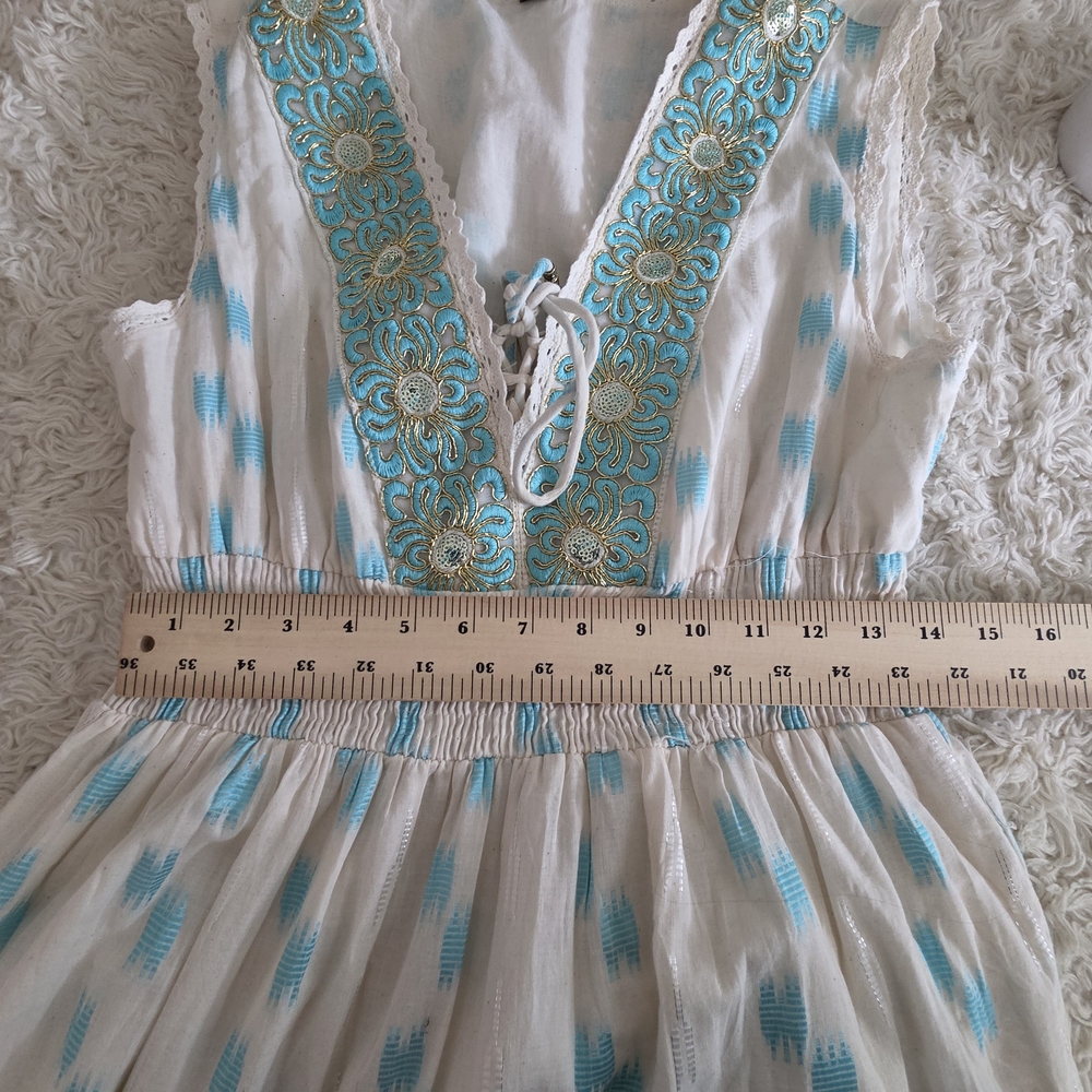 Bohemian V-Neck White Maxi Dress with Teal Embroidery - Picture 5 of 7